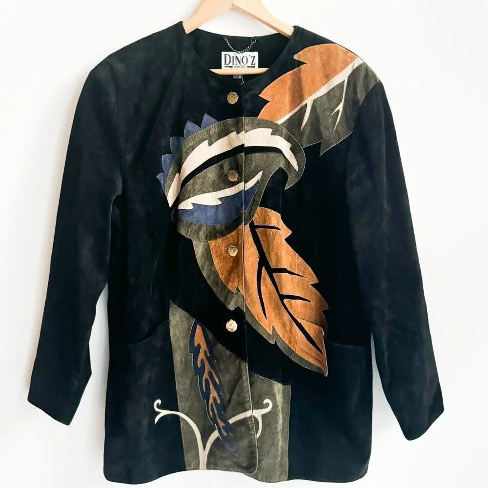 Vintage Dino'z Suede Leaf Print Patchwork Jacket 8
